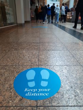 Covid-19 pandemic: Meadowhall Shopping Centre, Keep your distance floor sign