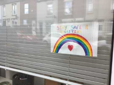 Covid-19 pandemic: rainbow window art supporting the NHS, Hackthorn Road