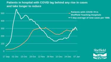 Covid-19 pandemic: Sheffield City Council graphic - patients in hospital with Covid lag behind any rise in cases and take longer to reduce