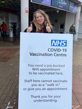 Covid-19 pandemic: Marcia Steel celebrates getting her Covid-19 vaccination, Sheffield Arena