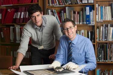 Tim Knebel (left), archivist, with Councillor Leigh Bramall at Sheffield City Archives, Shoreham Street