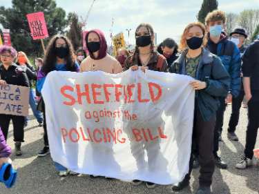 Protestors and banner, Kill the Bill protest, Devonshire Green