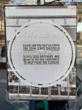 Poster on building of John Lewis, department store, Barkers Pool appealing to the public for their memories of the store