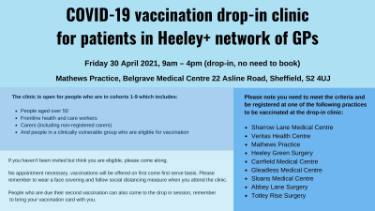 Covid-19 pandemic: Covid19 vaccination drop-in clinic for patients at Heeley+ network of GPs, Mathew Practice, Belgrave Place, 22 Asline Road