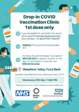 Covid-19 pandemic: Sheffield Clinical Commissioning Group (CCG) graphic - Drop-in Covid vaccination clinic 1st dose only