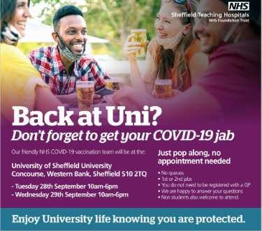 Covid-19 pandemic: Sheffield Teaching Hospitals NHS Foundation Trust graphic - Back at Uni? Don't forget to get your Covid19 jab