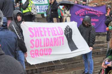 Sheffield Solidarity Group banner at Sheffield COP 26 Coalition climate change rally, Barkers Pool