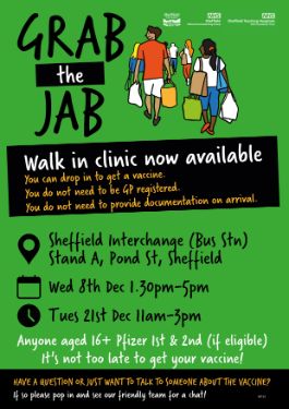 Covid-19 pandemic: Sheffield City Council graphic - Grab the Jab - Walk in clinic now available, Sheffield Interchange