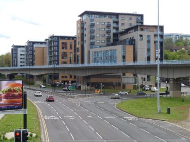 Park Square looking towards (left) The Parkway and (centre) the Supertram bridge and The Pinnacles, student accommodation, Broad Street