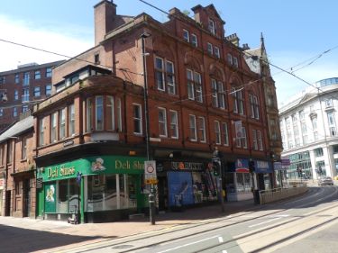 Shops in the Refuge Assurance Building, Church Street at the junction of (left) Orchard Street showing No. 35 Deli-Shuss, sandwich shop and Nos 37 - 39 Up and Running, sports clothes supplier