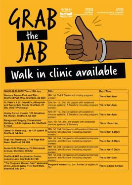 Covid-19 pandemic: Sheffield City Council graphic - Grab the Jab - walk in clinic available
