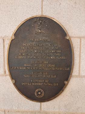 Plaque commemorating the Crucible Theatre being built on the site of the former Adelphi Hotel.