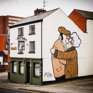 Pete Mckee mural on side of Fagan's pub, 69 Broad Lane