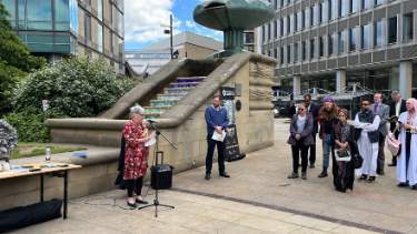 Lord Mayor of Sheffield, Sioned-Mair Richards, and elected leaders and community groups commemorating the Srebrenica genocide