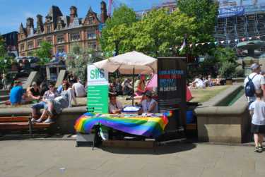 Sexual Health Sheffield stall at Pinknic, 'Sheffield's largest city centre LGBT family event', Peace Gardens