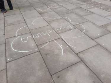 Message on the pavement at a demonstration outside Sheffield Town Hall following the publication of a report by Sir Mark Lowcock into the street trees dispute