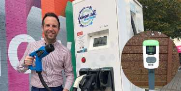 Councillor Ben Miskell, Chair of Sheffield City Council's Transport, Regeneration and Climate Policy Committee, at an electric vehicle charging point