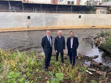 Stewart Mounsey, Yorkshire area director at the Environment Agency, Councillor Ben Miskell (on left), and James Mead, the Council's Flood and Water Service Manager, on a tour of new flood defences