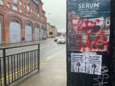Posters (and grafitti on the left) relating to Palestine / Gaza, Shoreham Street