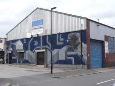 Mural on the building of South Yorkshire Ducting Supplies Ltd., No. 80 Burton Road and junction with Percy Street
