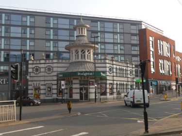 Budgens Supermarket, London Road showing (back) The Forge, Sheffield Hallam University student accommodation, Boston Street