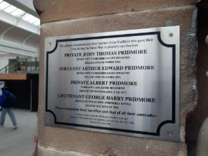 Plaque at Sheffield Midland railway station in memory of the four Pridmore brothers from the city who were killed within four years of one another during World War One