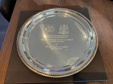 Visit of Sheffield Lord Mayor, Councillor Colin Ross and Lady Mayoress, Mrs Ross to Bochum, Germany - silver plate presented to the people of Bochum