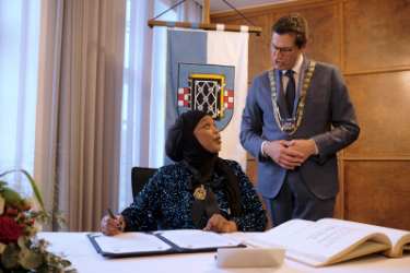 Visit to Bochum, Germany showing (right) Oberburgermeister Thomas Eiskirch, Bochum and (left) Councillor Safiya Saeed, Lord Mayor of Sheffield