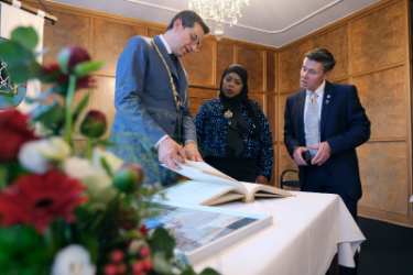 Visit to Bochum, Germany showing (left) Oberburgermeister Thomas Eiskirch, Bochum (centre) Councillor Safiya Saeed, Lord Mayor of Sheffield and (right) Nik Hamilton, international lead, Sheffield City Council