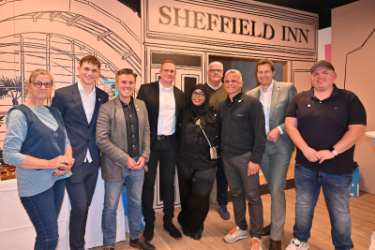 Visit to Bochum, Germany showing (2nd right) Oberburgermeister Thomas Eiskirch, Bochum, (5th right) Councillor Safiya Saeed, Lord Mayor of Sheffield and (3rd left) Nik Hamilton, international lead, Sheffield City Council at the Sheffield Inn
