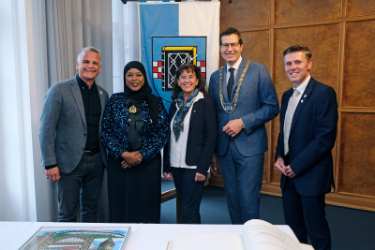 Visit to Bochum, Germany showing (2nd right) Oberburgermeister Thomas Eiskirch, Bochum, (2nd left) Councillor Safiya Saeed, Lord Mayor of Sheffield and (1st right) Nik Hamilton, international lead, Sheffield City Council 