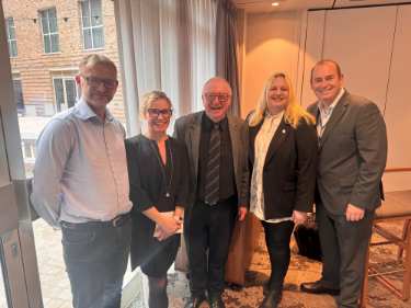 Business of Sheffield Day, Radisson Blue Hotel, No. 30 Pinstone Street showing (2nd left) Kate Josephs, Chief Executive, City Council (centre) Dennis Taylor, (2nd right) Kate Martin, and (1st right) Jason Francis, World Seniors Snooker chairman