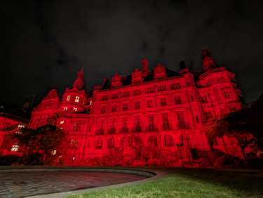 Sheffield Town Hall illuminated to commemorate the 80th anniversary of Victory in Europe Day [VE Day]