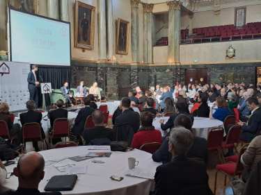 Sheffield City Council Leader, Councillor Tom Hunt (left) speaking at the Future of Council Housing conference, Cutlers Hall, Church Street