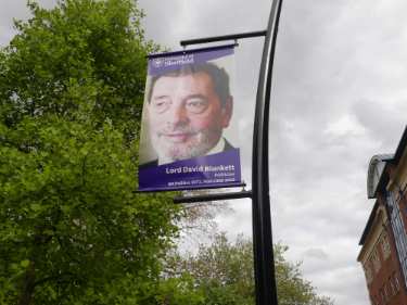 Street banner celebrating University of Sheffield alumni, David Blunkett, politician, outside the Music Department, University of Sheffield, Portobello