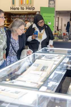 Lord Mayor of Sheffield, Councillor Safiya Saeed at an exhibition at the Sheffield Central Library, celebrating 75 Years of the Twinning of Sheffield and Bochum, Germany