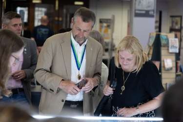 Former Sheffield Lord Mayor, Colin Ross at an exhibition at the Sheffield Central Library, celebrating 75 Years of the Twinning of Sheffield and Bochum, Germany