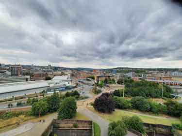 View from Park Hill Flats of City Centre showing (left) Ponds Forge Sports Centre and (centre) Park Square and Supertram bridge