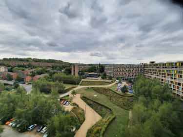 View of Park Hill Flats showing Duke Street frontage, landscaped area and car parks 