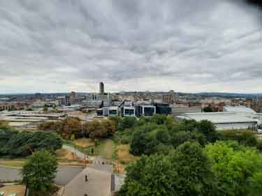 City Centre from Park Hill Flats showing (centre left) Sheffield Midland railway station, (centre) and (right) Ponds Forge sports centre