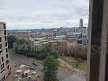 View from Park Hill Flats of (bottom) South Street, (centre left) Sheffield Midland railway station and (centre right) Sheffield Hallam University campus