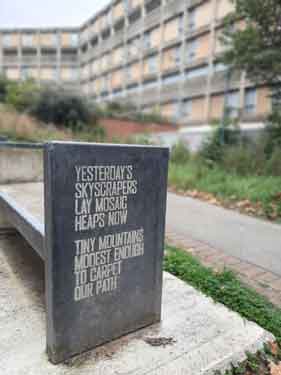 Inscription on bench, Park Hill Flats