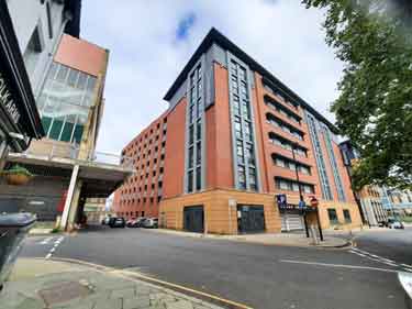 Travelodge Hotel and Qpark car park, from Dixon Lane looking towards Broad Street West