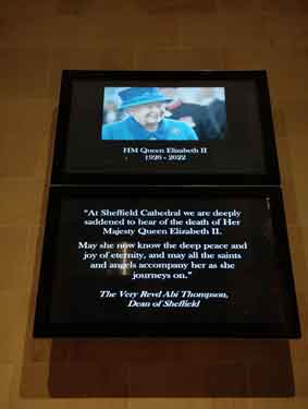 Video display at the commemorative service at Sheffield Cathedral marking the death of Queen Elizabeth II