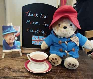 Display featuring Paddington Bear at a commemorative service at Sheffield Cathedral marking the death of Queen Elizabeth II