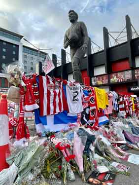 Tributes for Sheffield United Football Club defender, George Baldock, following his death in Oct. 2024, Bramall Lane 