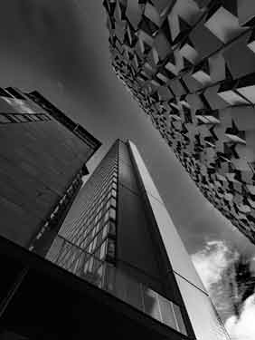 View from St. Paul's Square showing (right) ParkBee Sheffield multi storey car park (known as the Cheese grater) (centre) St. Paul's City Lofts, apartments and (left) 7 St. Paul's Square, apartments, c. 2023