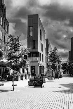 Cotton Mill Walk showing (left) Nos. 34 - 36 Domo, Sardinian restaurant, Eagle Works, c. 2023