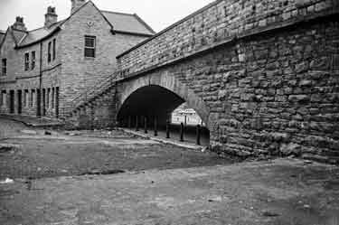 Pedestrian entrance to the Sheffield Canal Basin (later Victoria Quays) from Furnival Road, with (left) the original merchant's