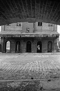 View of the Straddle Warehouse looking from the pedestrian entrance, Sheffield Canal Basin (later Victoria Quays), Furnival Road